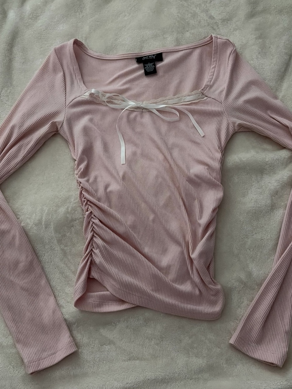 Just Polly Light Pink Ribbed Long Sleeve Top with Side Ruching